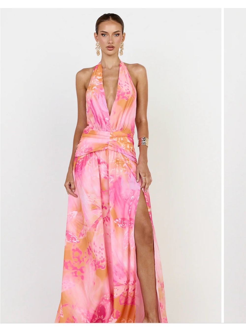 Showpo Pink & Orange Halter Plunge Maxi Dress